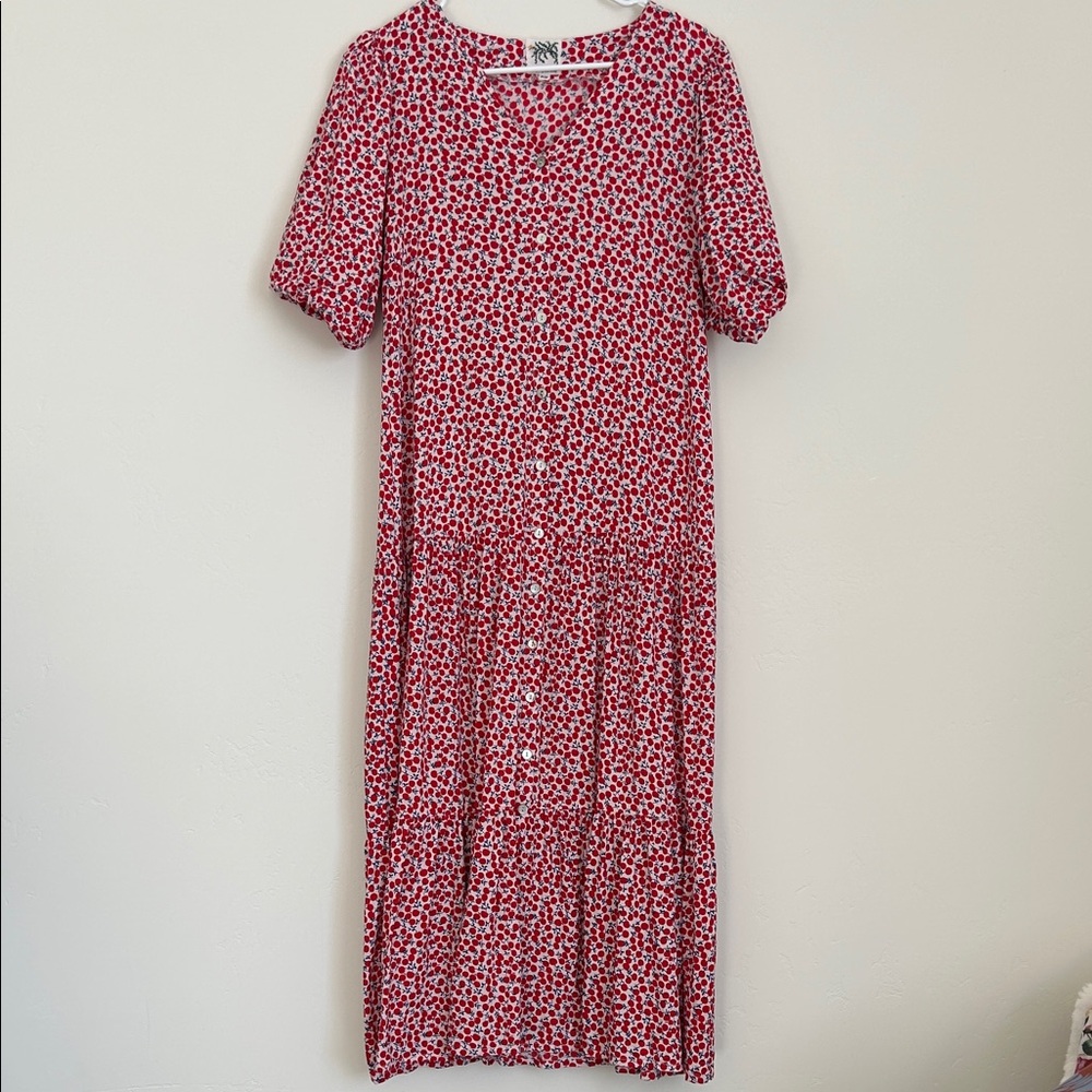 Women's Red Floral Maxi Dress with Button Front